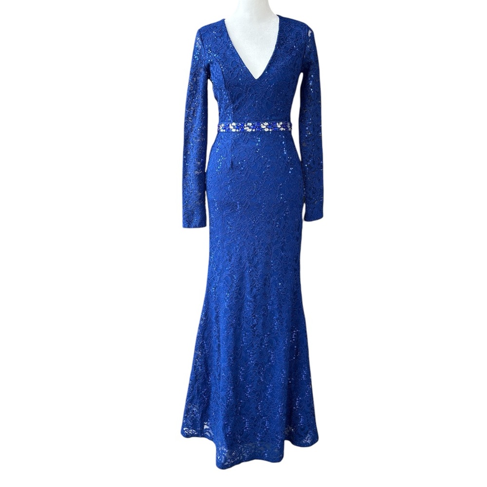 La Scala Style 23550 Long Sleeve Sequin & Rhinestones Lace Trumpet Gown Blue S